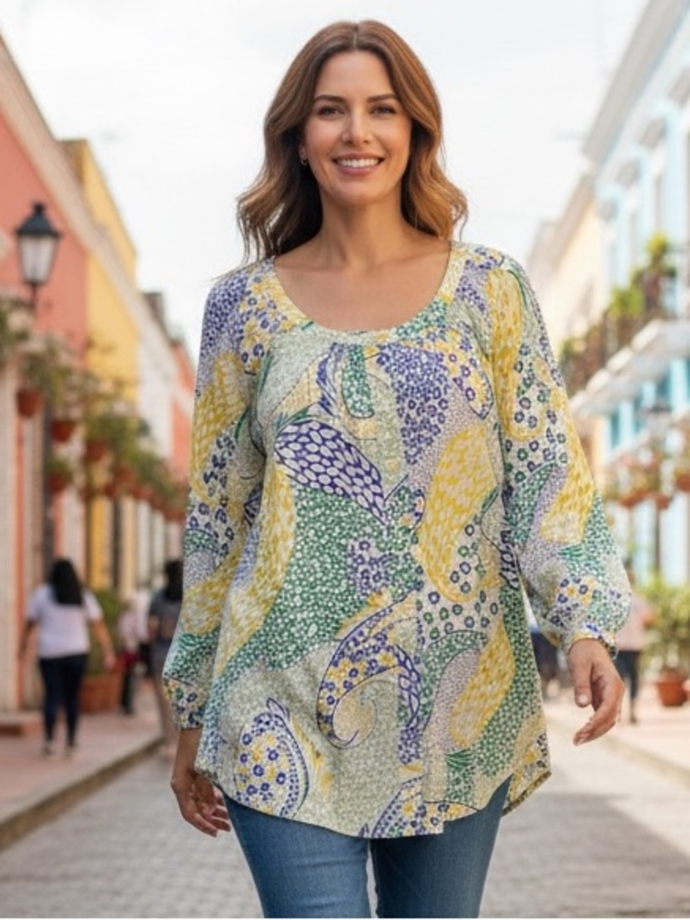 Talbots Fresh Paisley Print Peasant Top Stitched Lightweight Cotton Blouse  3X
